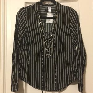 H&M Lace Up Striped Blouse Shirt *NWT*